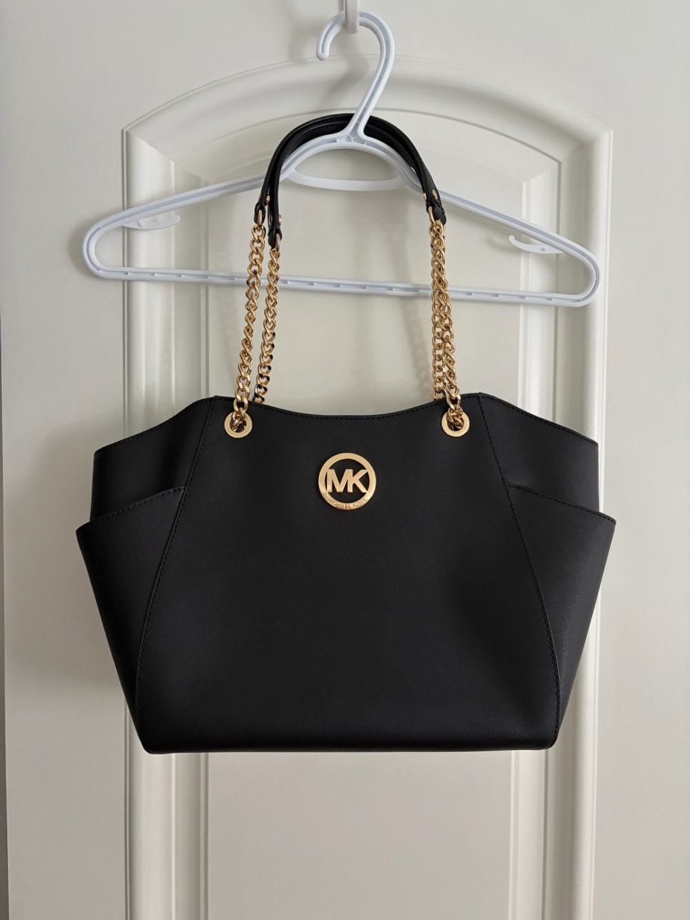 Michael Kors Black Saffiano Leather Tote with Gold Chain Straps